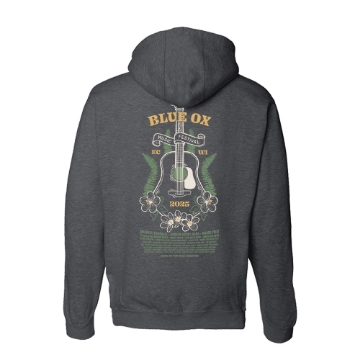 Charcoal zip-up hoodie with small cream Blue Ox Music Festival logo on the left chest.