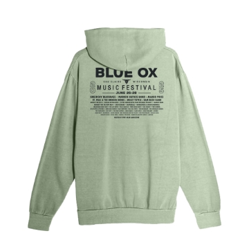 Sage green hoodie with Blue Ox Music Festival 2025 river-themed artwork on the front and "BLUE OX" printed down the right sleeve.