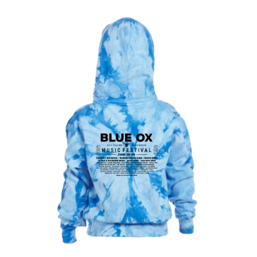 Youth blue tie-dye hoodie with Blue Ox Music Festival 2025 ox head logo in black on the front.