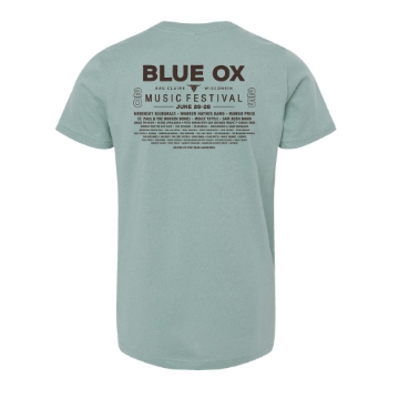 Youth-sized sage green Blue Ox Music Festival t-shirt with cowboy riding an ox graphic and bold red lettering.