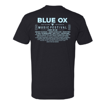 Blue Ox 2025 t-shirt featuring psychedelic artwork of a blue ox playing banjo under glowing jellyfish and trees