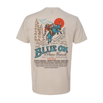 Front of Blue Ox 2025 natural t-shirt with small western-style logo patch on chest
