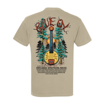 Front of Blue Ox 2025 Banjo Tee in sand color with small festival logo on chest