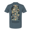 Back of Blue Ox 2025 t-shirt with full illustrated map design spelling out “Blue Ox” vertically with lineup on bottom