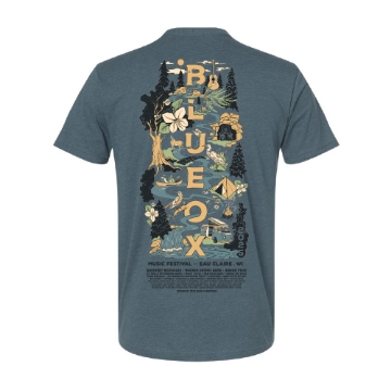 Front of Blue Ox 2025 green tee with small heron and cattail graphic on chest