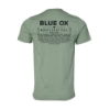 Back of Blue Ox 2025 heron t-shirt in solid sage green with 2025 lineup