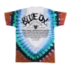 Back of Blue Ox 2025 tie-dye t-shirt with colorful V-pattern design and festival lineup