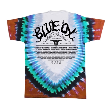Front of Blue Ox 2025 tie-dye t-shirt with banjo and pine tree graphic, sunburst background