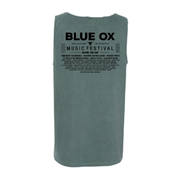 Front of Blue Ox 2025 unisex sage green tank top with twisted branch lettering and festival date