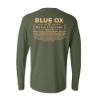 Back of Blue Ox 2025 green long sleeve shirt in solid color with 2025 lineup