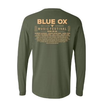 Front of Blue Ox 2025 long sleeve crewneck in green with heron and cattail design