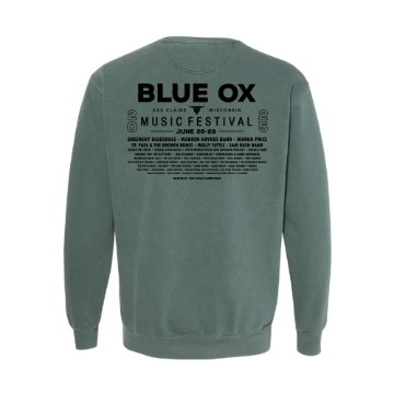 Blue Ox Banjo Forest artwork on front of green crewneck sweatshirt – 2025 festival apparel
