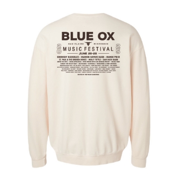 Cream crewneck sweatshirt featuring a retro illustration of a banjo-riding cowboy atop a blue ox with "Blue Ox Music Festival 2025" text.