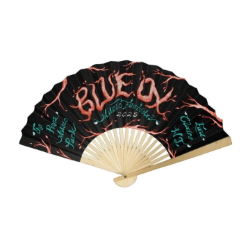 Blue Ox Music Festival 2025 folding hand fan with illustrated branch design and calligraphy lettering