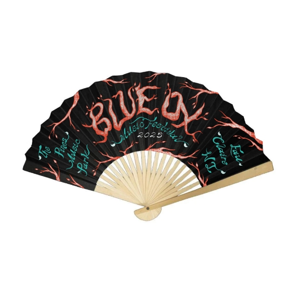 Blue Ox Music Festival 2025 folding hand fan with illustrated branch design and calligraphy lettering