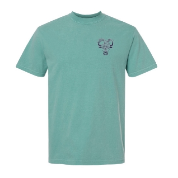 Front of 2025 Blue Ox Festival T-shirt in garment-dyed green with small ox head logo on left chest