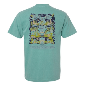 Front of 2025 Blue Ox Festival T-shirt in garment-dyed green with small ox head logo on left chest