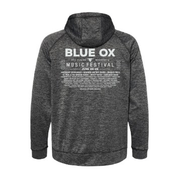 Front view of charcoal heather Blue Ox Roots Hoodie with red-orange "Roots" logo and 2025 Blue Ox Music Festival graphic