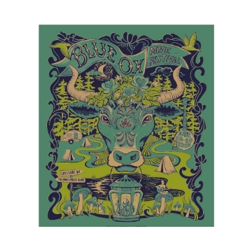 2025 Blue Ox Music Festival tapestry by Tarpestry featuring floral ox artwork, forest scene