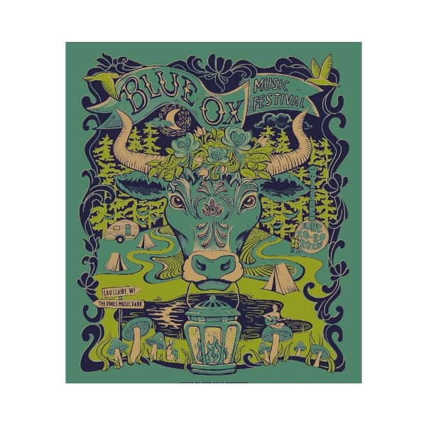 2025 Blue Ox Music Festival tapestry by Tarpestry featuring floral ox artwork, forest scene