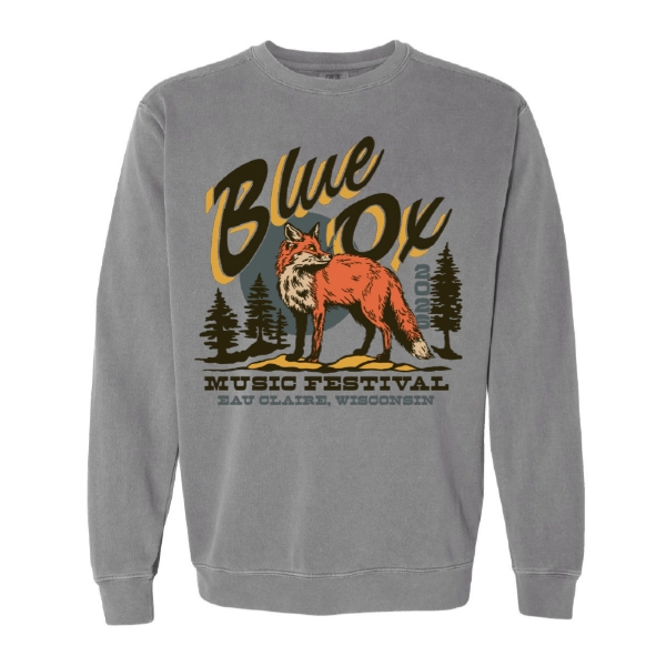 Gray Blue Ox Music Festival crewneck sweatshirt featuring an illustrated fox and forest graphic