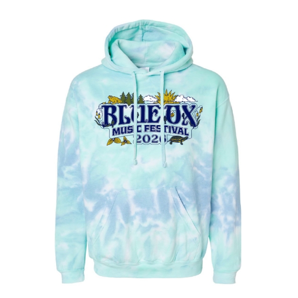Blue tie dye Blue Ox Music Festival 2026 hoodie with front logo graphic