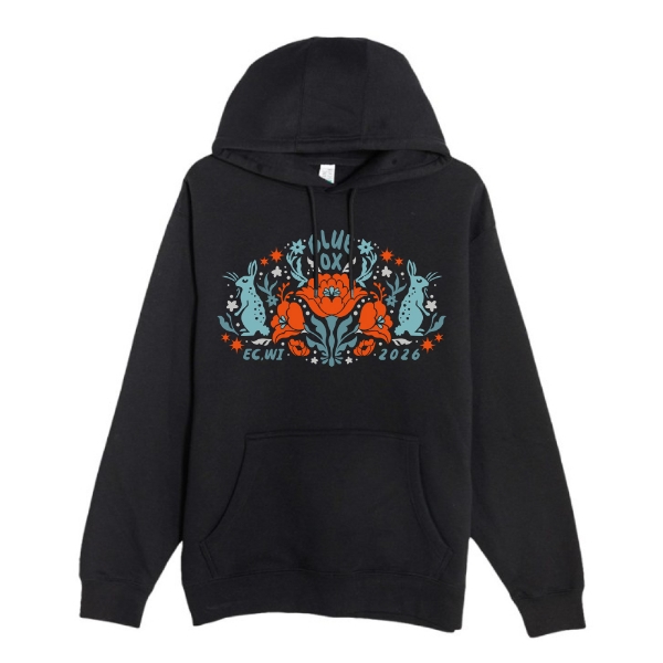 Black Blue Ox Music Festival hoodie with floral and rabbit graphic design