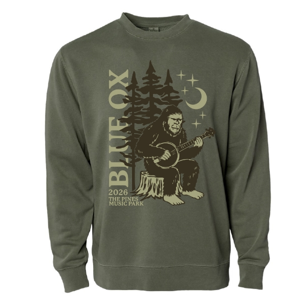 Green Blue Ox Music Festival crewneck featuring Sasquatch playing a banjo in the woods