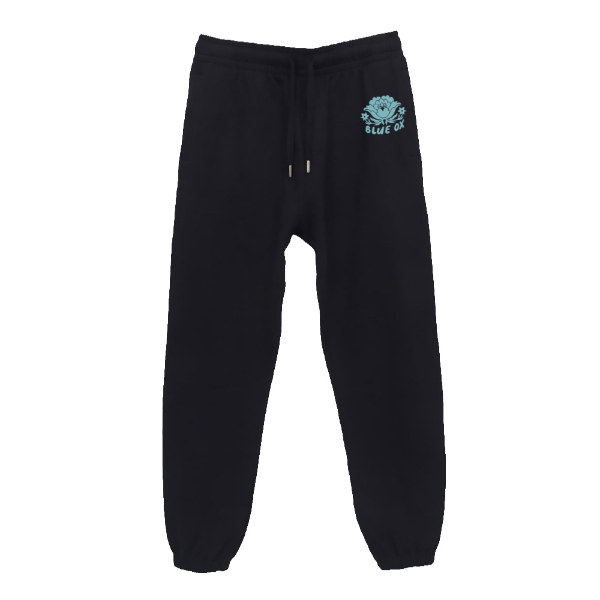 Black Blue Ox Music Festival joggers with small floral logo on the hip