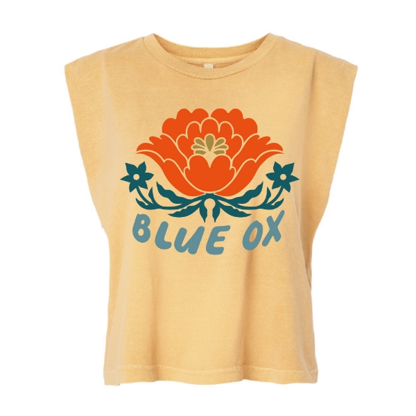 Light yellow cropped tank top featuring a bold floral graphic with “Blue Ox” text on the front.