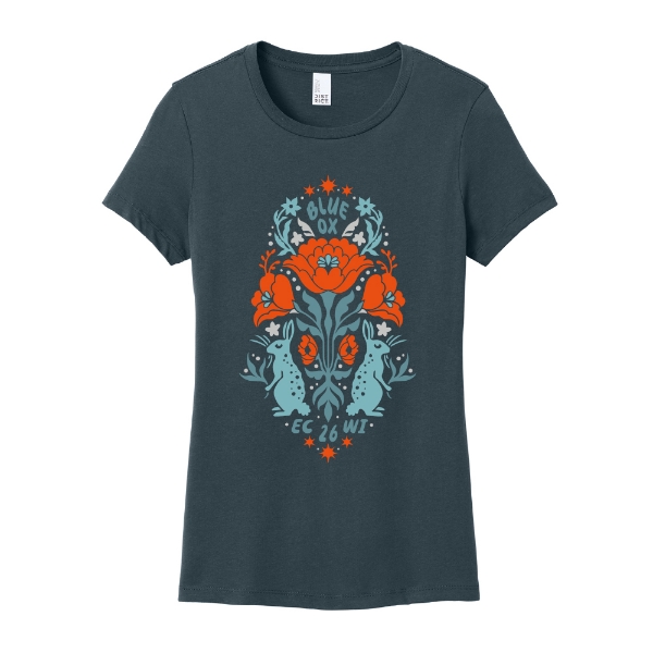 Dark blue t‑shirt featuring a symmetrical floral folk design with Blue Ox text