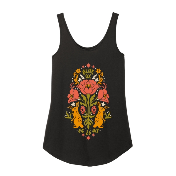Black tank top featuring a colorful symmetrical floral folk design with Blue Ox text