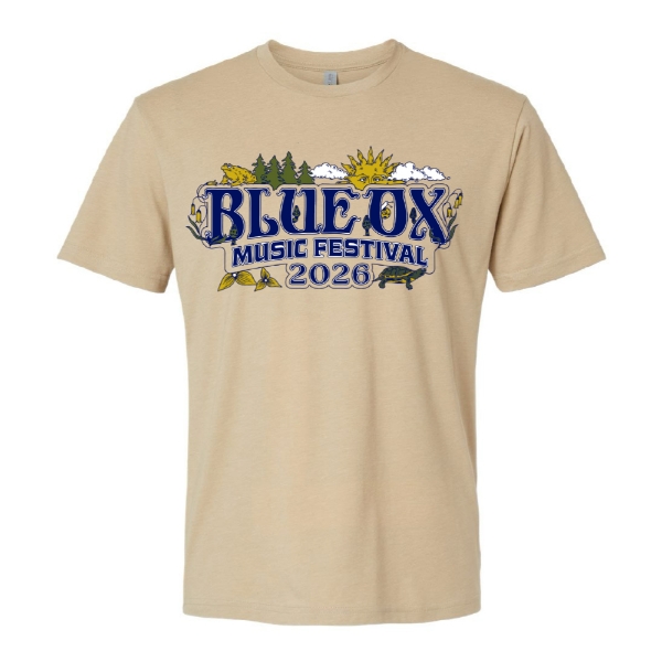 Tan t‑shirt featuring Blue Ox Music Festival 2026 text with sun, clouds, trees, and plant details.