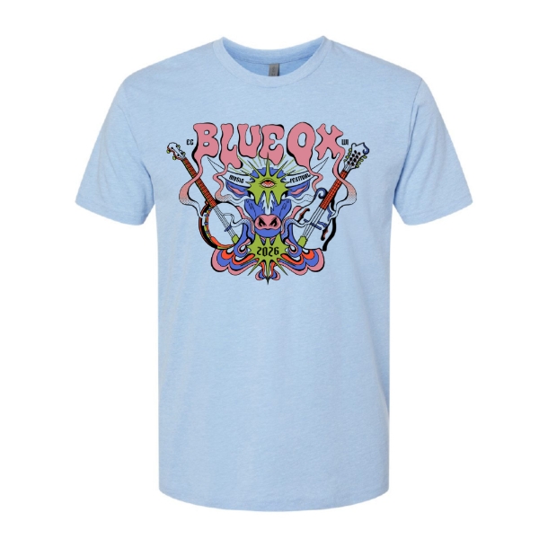 Light blue t‑shirt featuring a psychedelic Blue Ox graphic with guitars and 2026 festival text.