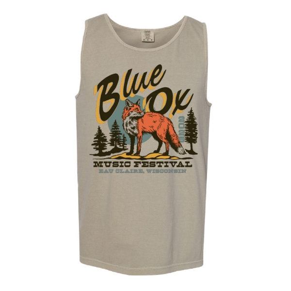 Light gray tank top featuring a fox illustration with Blue Ox Music Festival text, pine trees, and Eau Claire Wisconsin details.
