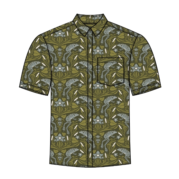 Button up shirt featuring a whimsical all‑over print of frogs, lily pads, and cattails.