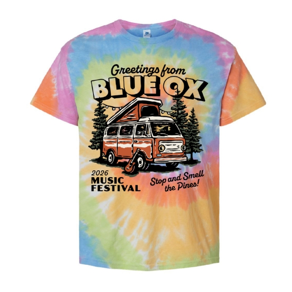 Tie dye T-shirt featuring a retro camper van and “Greetings from Blue Ox 2026 Music Festival” graphic surrounded by pine trees