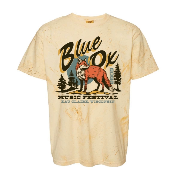 Cream colorblast T-shirt featuring an illustrated fox with Blue Ox Music Festival 2026 text and pine trees
