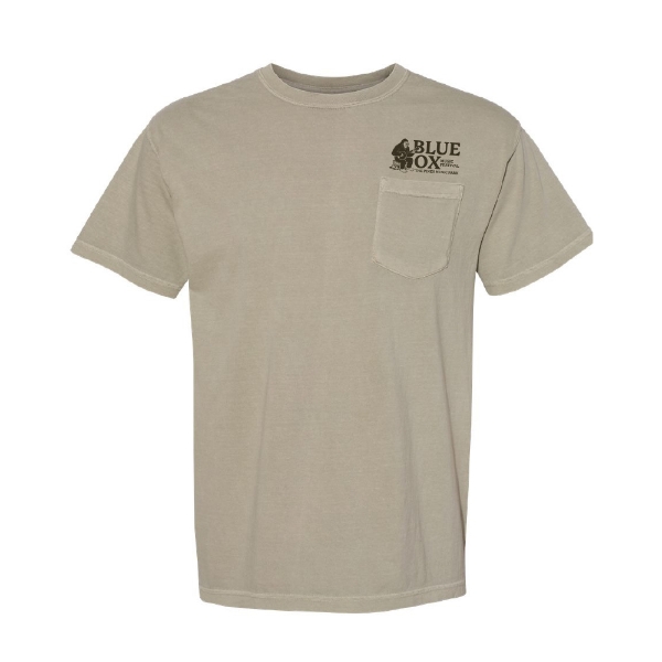 Tan pocket T-shirt with Blue Ox logo on front chest