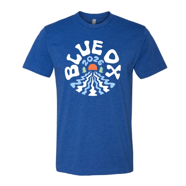 Blue T-shirt featuring a sun rising over pine trees with Blue Ox 2026 text and flowing river design