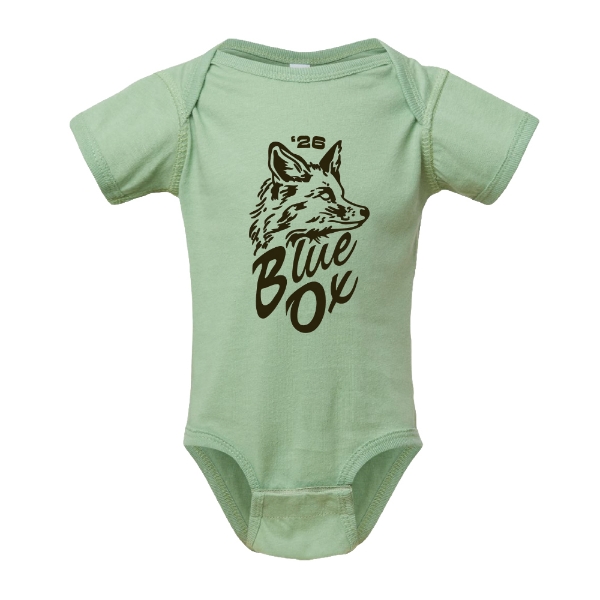 Green baby onesie featuring a fox illustration with Blue Ox 2026 text on the front