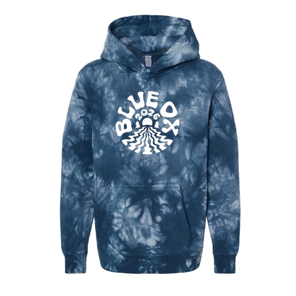 Youth blue tie dye hoodie featuring a sun rising over pine trees with Blue Ox 2026 text on the front