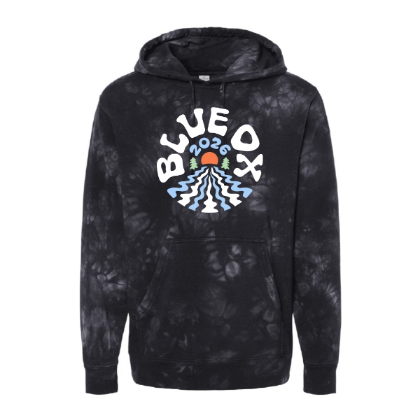 Black tie dye hoodie featuring a sun rising over pine trees with Blue Ox 2026 text on the front