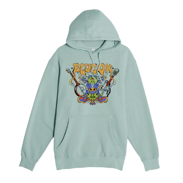 Light green hoodie featuring a psychedelic Blue Ox graphic with instruments and colorful artwork for Blue Ox Music Festival 2026