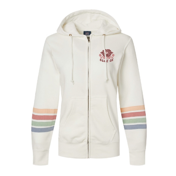 Cream zip hoodie featuring a floral Blue Ox logo on the chest with retro striped sleeves