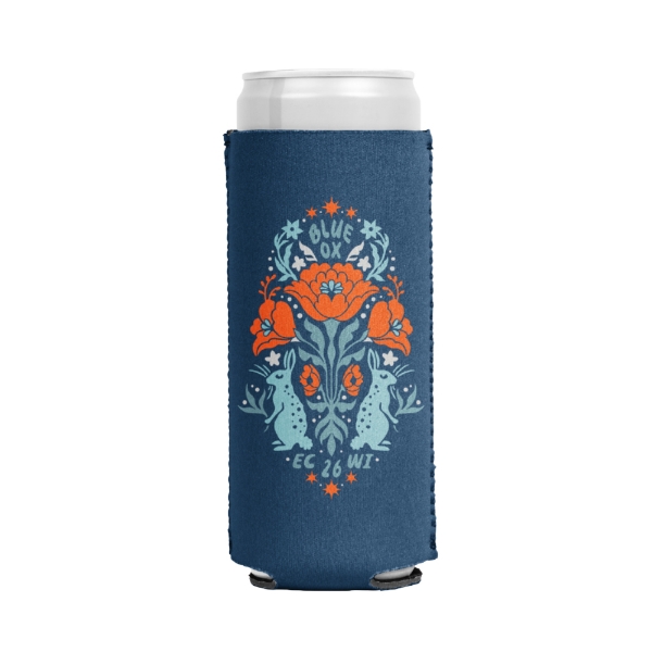 Blue slim can koozie featuring a symmetrical floral animal design and Blue Ox Eau Claire Wisconsin text