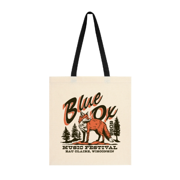 Natural canvas tote bag with black straps featuring Blue Ox Music Festival fox graphic and Eau Claire Wisconsin text
