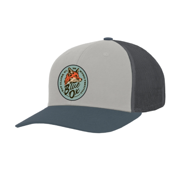 Mesh back snapback hat featuring the Blue Ox Fox logo on the front panel in muted outdoor colors