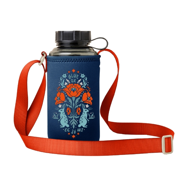 Blue Ox Music Festival Nalgene bottle holder with blue fabric sleeve, floral Blue Ox artwork on the front, and an adjustable orange crossbody strap