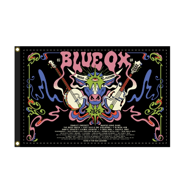 Black Blue Ox Music Festival 2026 lineup flag with colorful illustrated artwork featuring a stylized ox